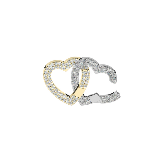  Close-up view of two interlocked heart charms, one gold and one silver, encrusted with stones. The interlocking design emphasizes connection and love, perfect for jewelry pieces.